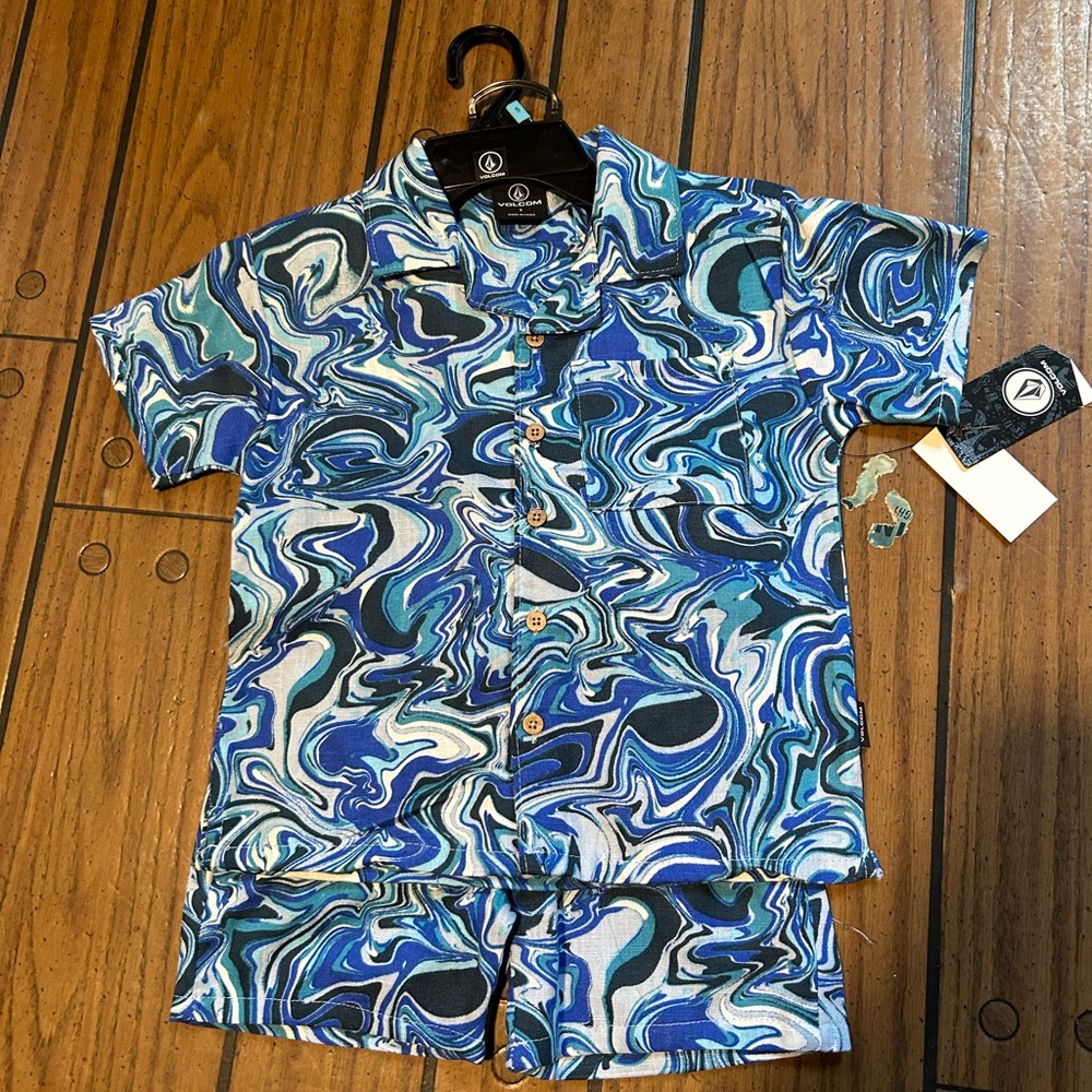 Volcom Shirt Youth Short Sleeve Button Up Collared & Bottom Boys Casual Sz S 5
